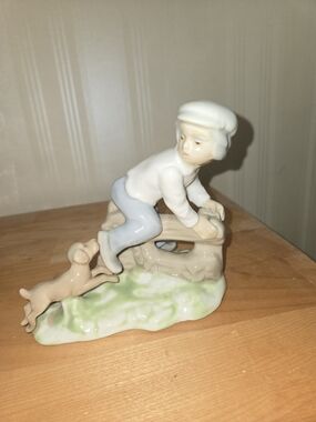 Vintage Tengra Porcelain Boy and Dog Figurine - Cream, Light Blue